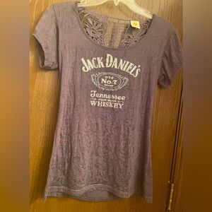 Jack Daniels Women's Ocean Blue T Shirt Gray Logo Design Lace Accent Back Sz-L